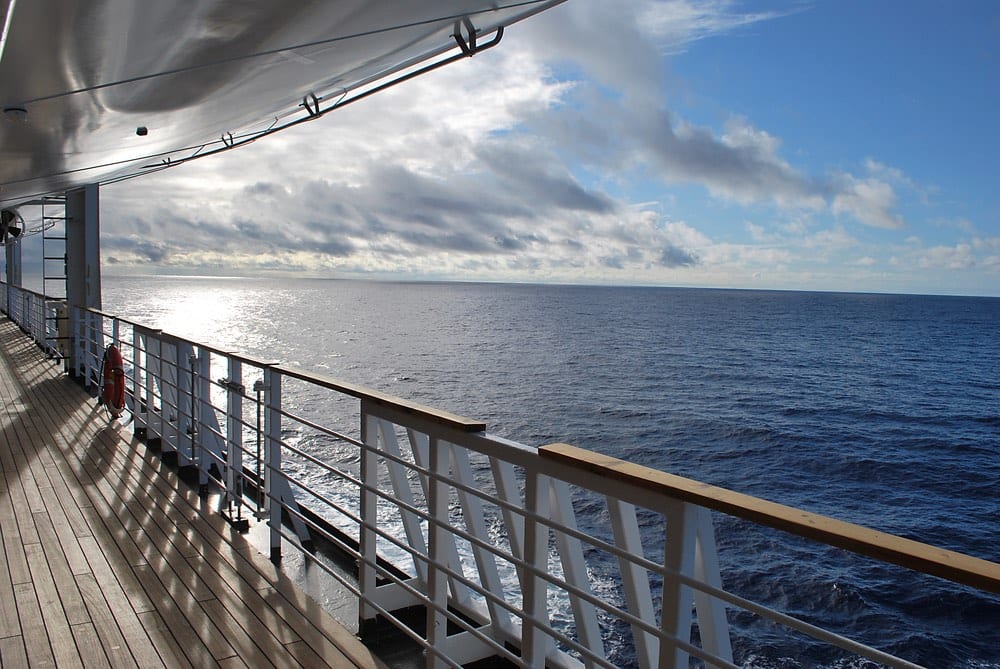 View of ocean from cruise ship deck.